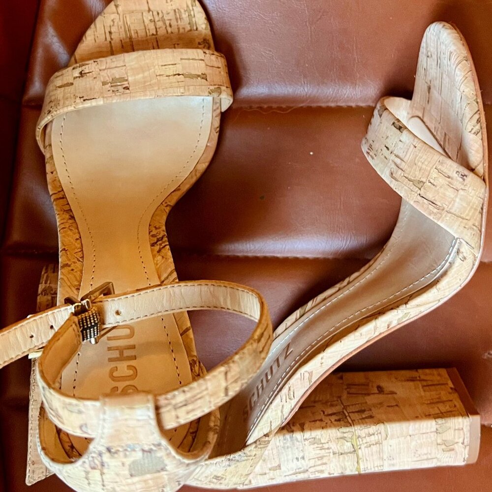SCHUTZ, open toed, block heel cork sandal